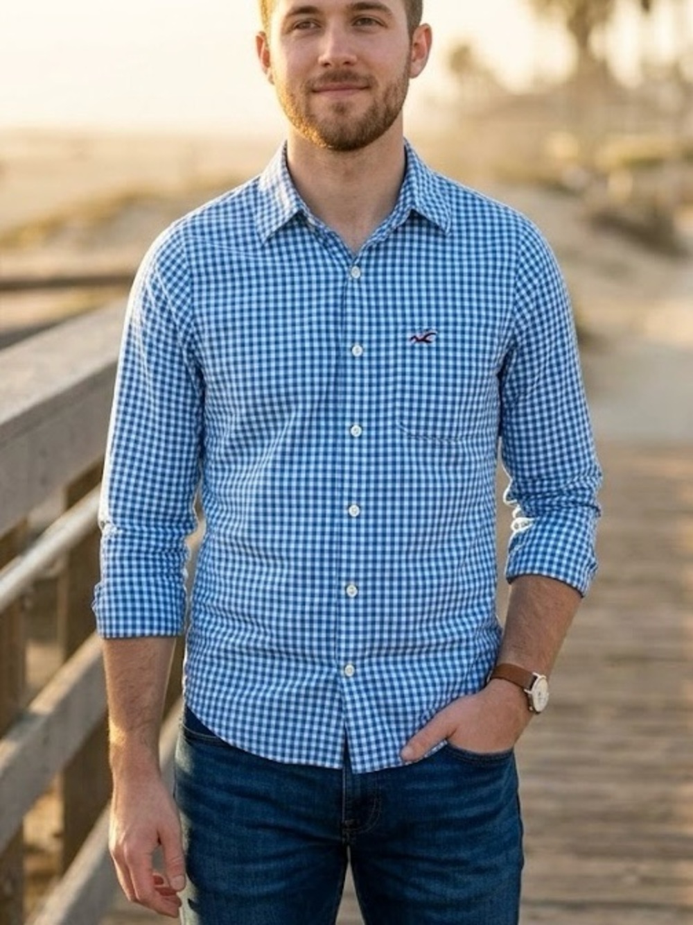 HOLLISTER Blue & White Gingham Long Sleeve Button Down Shirt Preppy Coastal